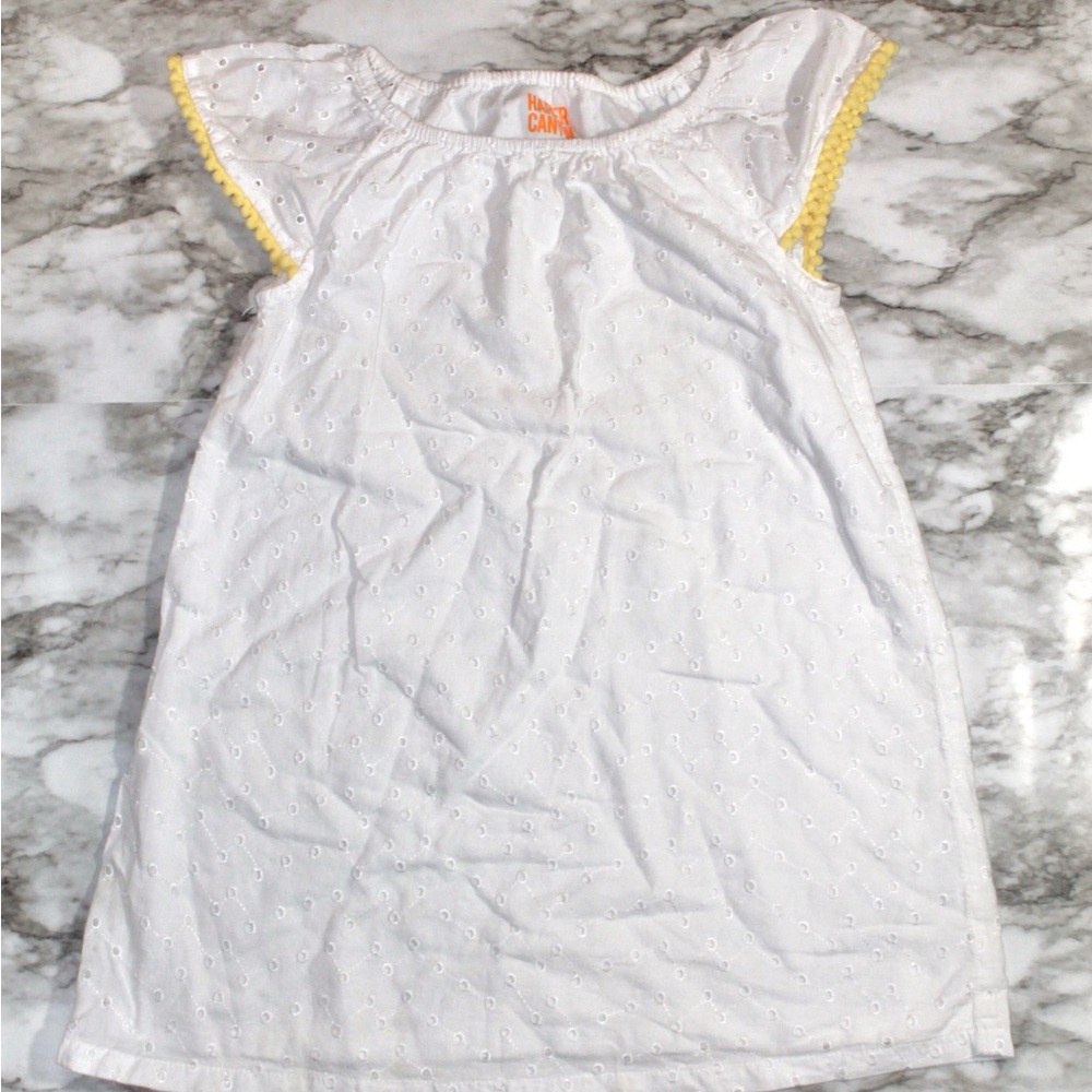Harper Canyon Girls White Embroidered Eyelet Dress with Yellow Pom Trim